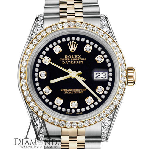 Ladies Rolex 26mm Datejust 2 Tone Black Color String Diamond Accent Dial Watch