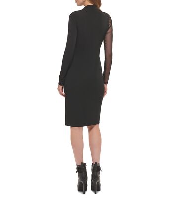 DKNY Mock Neck Long Sleeve Mesh Shoulder Midi Dress in Black
