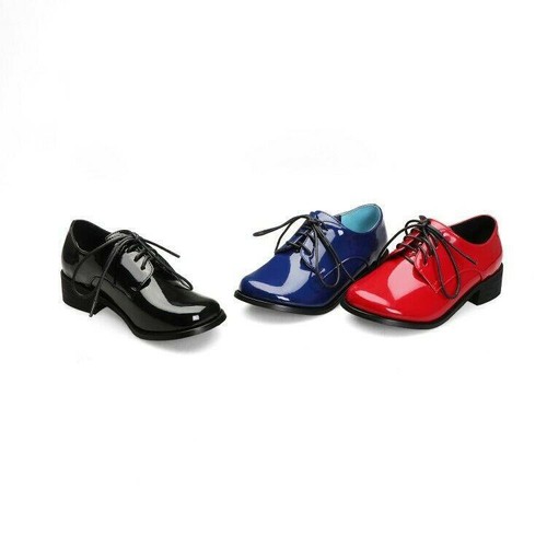 Womens Plus Size Lace Up Patent Leather Round Toe Shoes Chic Casual - Picture 1 of 17