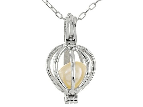 Wish Pearl Necklace, Cultured Freshwater Pearl Rhodium Over Silver Cage Pendant - Picture 4 of 7