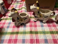 Vintage Happy Cow Creamer & Sugar Bowl Smiling Cow Ceramic JAPAN  Floral