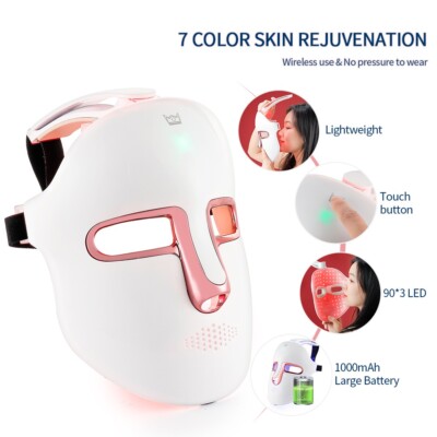 Masque LED Photon 7 Couleurs - Soin Visage Et Cou Anti-Âge - Blanc, 23x20,5 Cm - Neuf
