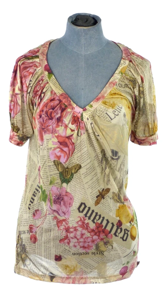 John Galliano Blouse Newspaper Floral Print Vintage Slouchy Iconic Gauze size S