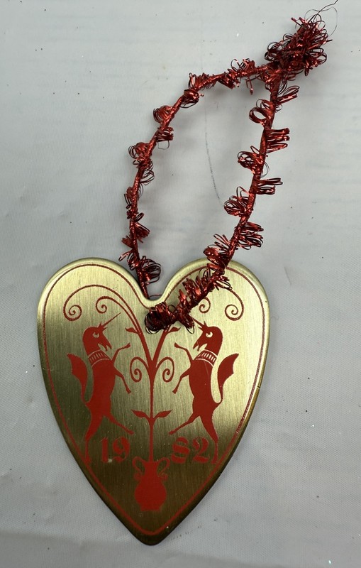 1982 Baldwin Brass Heart-Shaped Christmas Ornament - Red Unicorns & Tree Motif