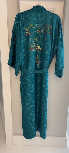 Beautiful Vintage ESME 100% Silk XL Kimono Robe  Embroidered  Turquoise