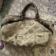 Coach Signature Logo Medium Satchel Top Handle Zip Lined Pockets Silver Beige