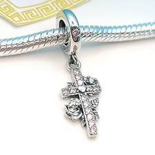 Charm argento 925 croce zircone love Rosa floreale 