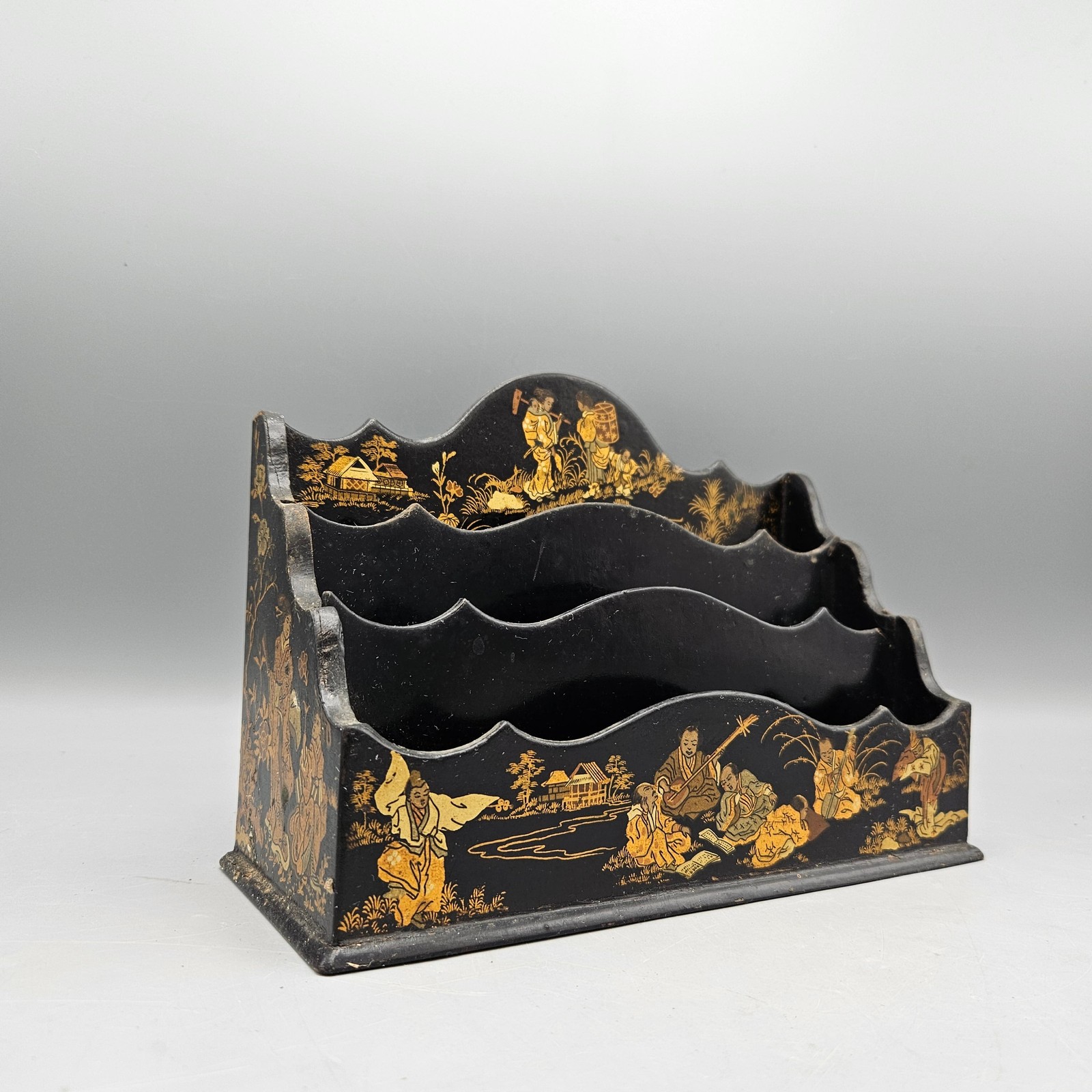 Chinoiserie Style Black Lacquer Stationary Caddy / Letter Rack