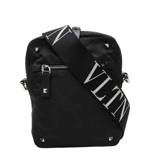 Valentino Logo Studs Nylon Leather Shoulder Bag Men Black One Size