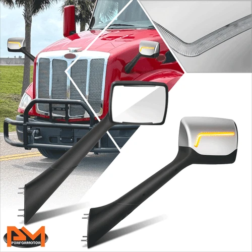 For 22-25  Peterbilt 579 Check Mark Sequential  LED Hood Side View Mirror Chrome