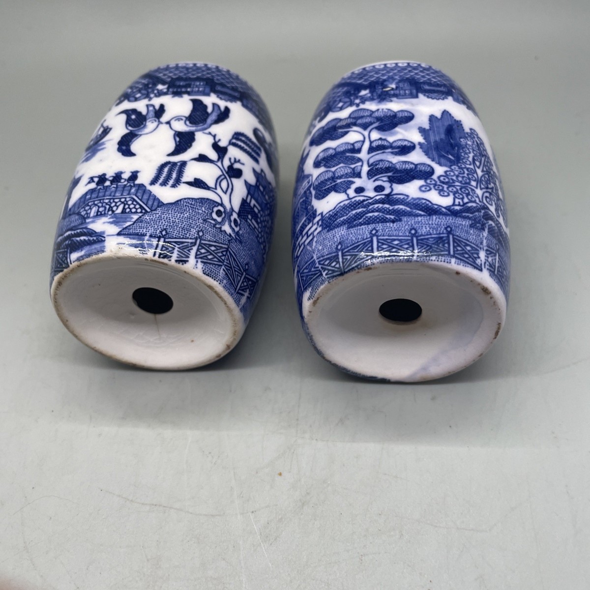 Vintage Blue Willow Salt and Pepper Shaker Set Odd Barrel Shape 