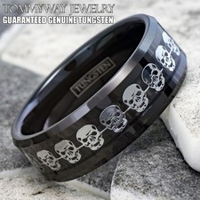 Black Tungsten Carbide Men's Silver Skull over Carbon Fiber Wedding Band Ring