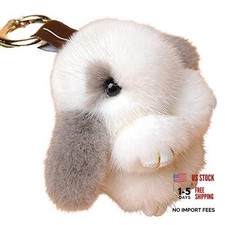Unpafcxddyig Mink Fur Pom Pom Keychain Fluffy Rex Bunny 3.1-3.5in White Gray