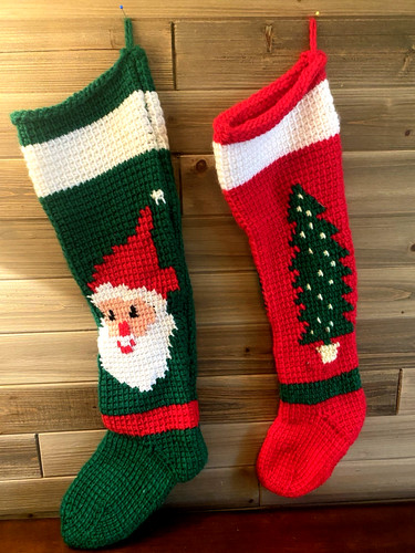 Vintage Christmas Stockings Hand Knit Santa Tree Candy Cane Red Green Set of 2