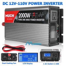 2000W Rated Pure Sine Wave Power Inverter DC 12V to 110V 1AC 1USB LCD Display
