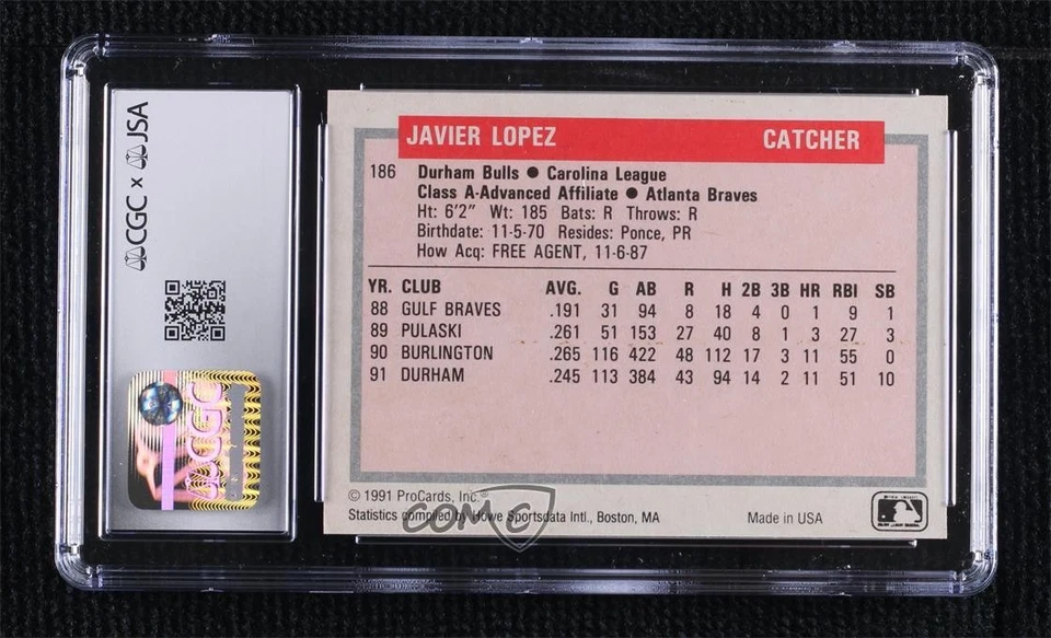 CGC x JSA 1991 Tomorrow's Heroes Javy Lopez #186 CGC x JSA Authentic Rookie RC - Image 2 of 2