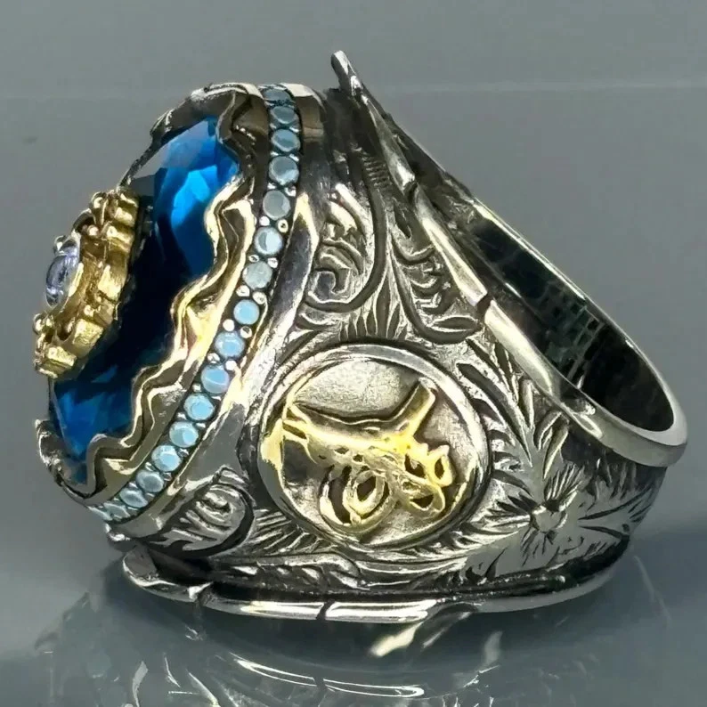 Anel masculino de prata esterlina 925 azul água-marinha com design otomano Tughra - Imagem 2 de 4