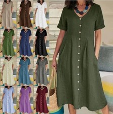 Women Cotton V Neck Short Sleeve Midi Dress Ladies Summer Casual Button Sundress