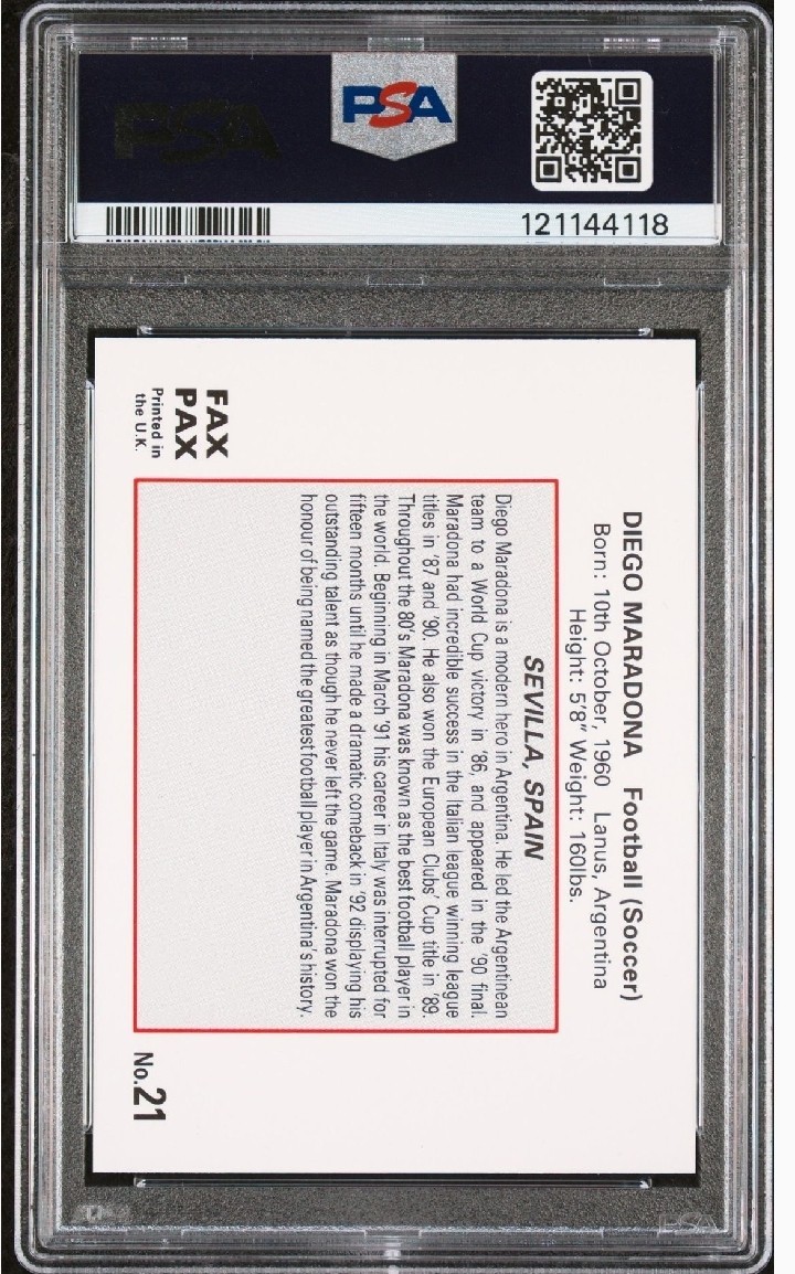 1993 Fax Pax World of Sport Diego Maradona #21 PSA 10 view 2