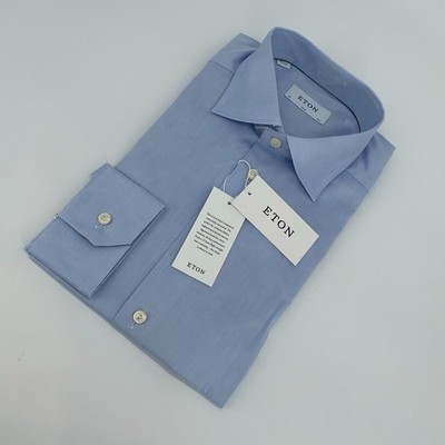 Eton Dress Shirt Mens L 16 1/2 - 42 Blue Slim Fit Barred Cuff Formal Button Up