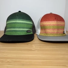 Lot Of 2 Hurley Flat Brim Trucker Hat Striped SnapBack Cap Green Orange