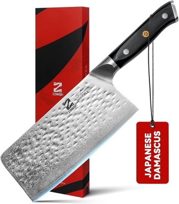 KENNISH Cleaver Knife 7'' Meat Cleaver - Japanese AUS-10 Damascus Steel 60HRC