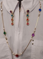 Vintage Goldtone Multicolor Rhinestone Necklace And Dangle Earrings Set