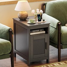 Narrow Night Stand End Table W/ Charging Station USB-C Port Rattan Side Table W/
