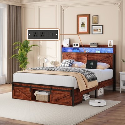 Full Size Bed Frame with Storage Headboard and LED Lights,Brown Platform Bed