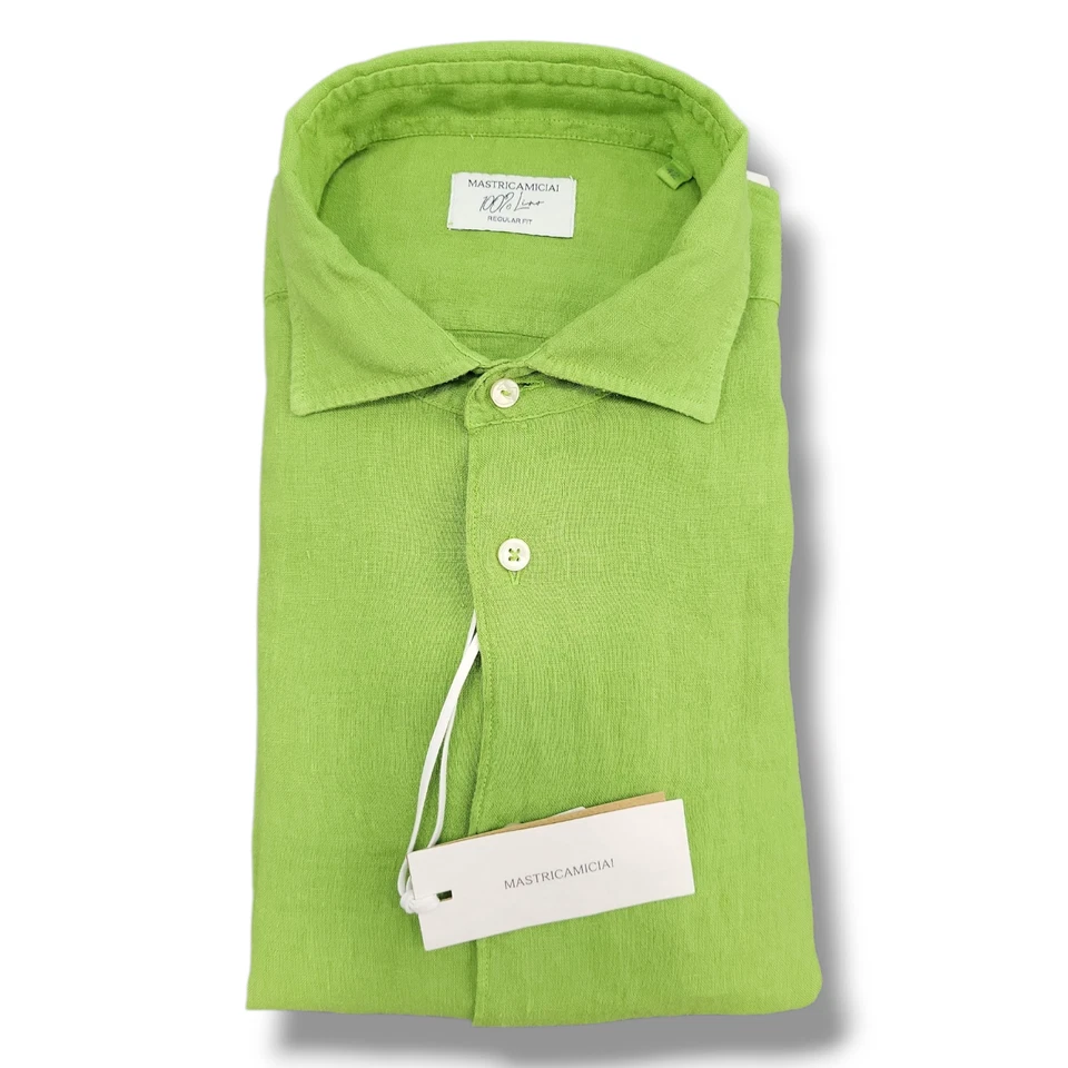 Camicia UOMO puro lino stone wash unito "MASTRICAMICIAI" Verde 39 40 41 42 44 - Immagine 2 di 2
