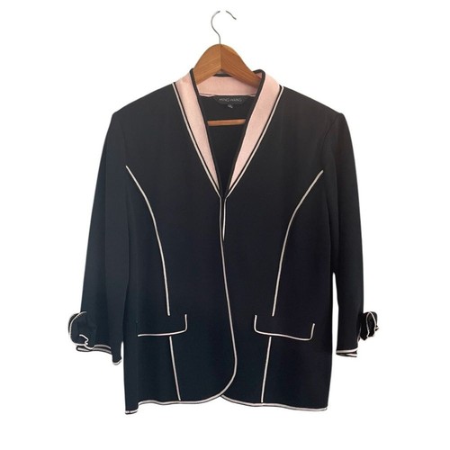 Ming Wang Women's Open Front Jacket Sweater Shoulder Pads Black Pink Size Large - Picture 2 of 13