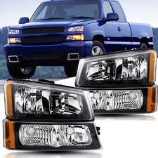Pairs Black Headlights For 2003-2006 Chevy Silverado 1500 2500 3500 Bumper Lamps