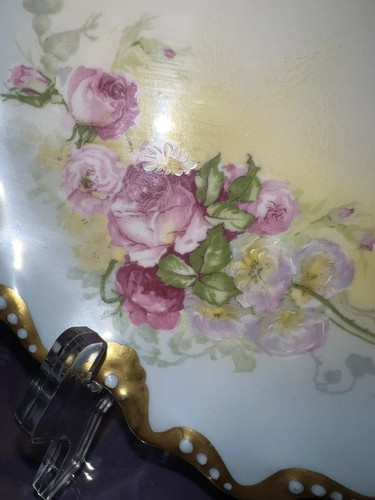 Placa de gabinete antigua Limoges dorada pintada a mano rosa - Imagen 2 de 3