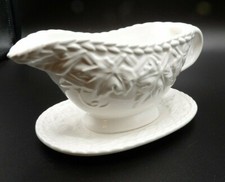 Pure White Gravy Boat with Attached Underplate  Ceramic  Leaves Leaf Pattern