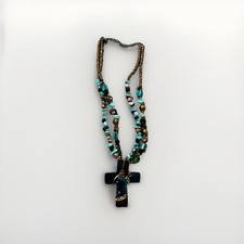 Turquoise Black Onyx Tiger's Eye Brass Enamel Rhinestone Cross Necklace