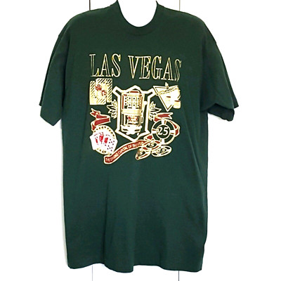 Las Vegas T Shirt Vintage 90s Made In USA XXL Green Gold Glitter Single Stitch