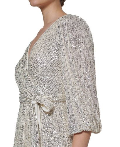DKNY Women’s Silver V-Neck Sequin Faux-Wrap Dress 2407 Size 4 - Picture 3 of 3