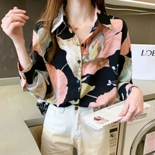 Autumn Women Loose Chiffon Work Button Down Shirt Blouse Top Long Sleeve Printed