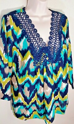 T Renz Theresa Rena Crochet V Neck Linen Boho Tunic Blouse Green Navy Sz XL NWOT