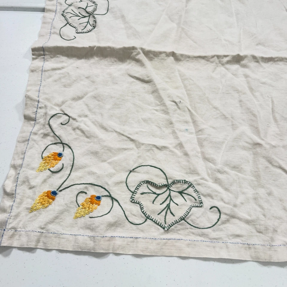 vintage tablecloth embroidered floral linen retro 30" square mcm retro - Image 3 of 4