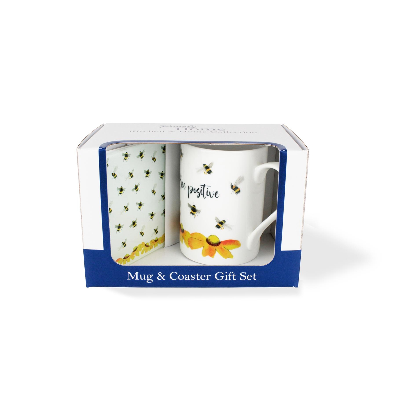Bee Positive Mug & Coaster Gift Set - Bone China/Glass Presents for Bee Lovers