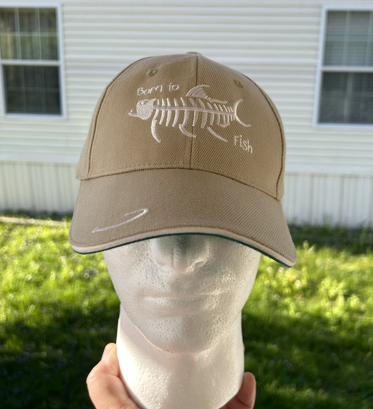 Cap With Fish BORN TO FISH FISHING BALL CAP HAT KHAKI WITH EMBROIDERED FISH SKELETON ...