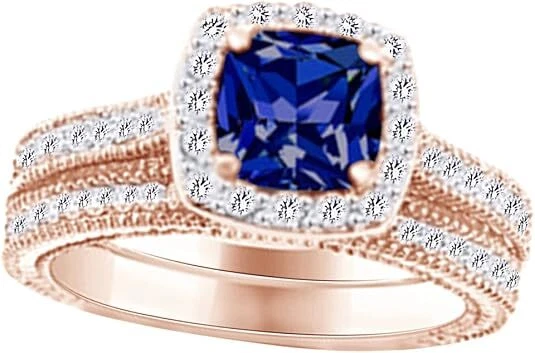 Solitaire Style Engagement Ring Simulatd Tanzanite & Natural Diamond 14k Gold - Image 2 of 4