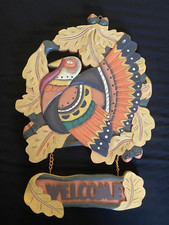 Carved 3D Wooden Thanksgiving Turkey Welcome Sign Door Hanger Handpainted