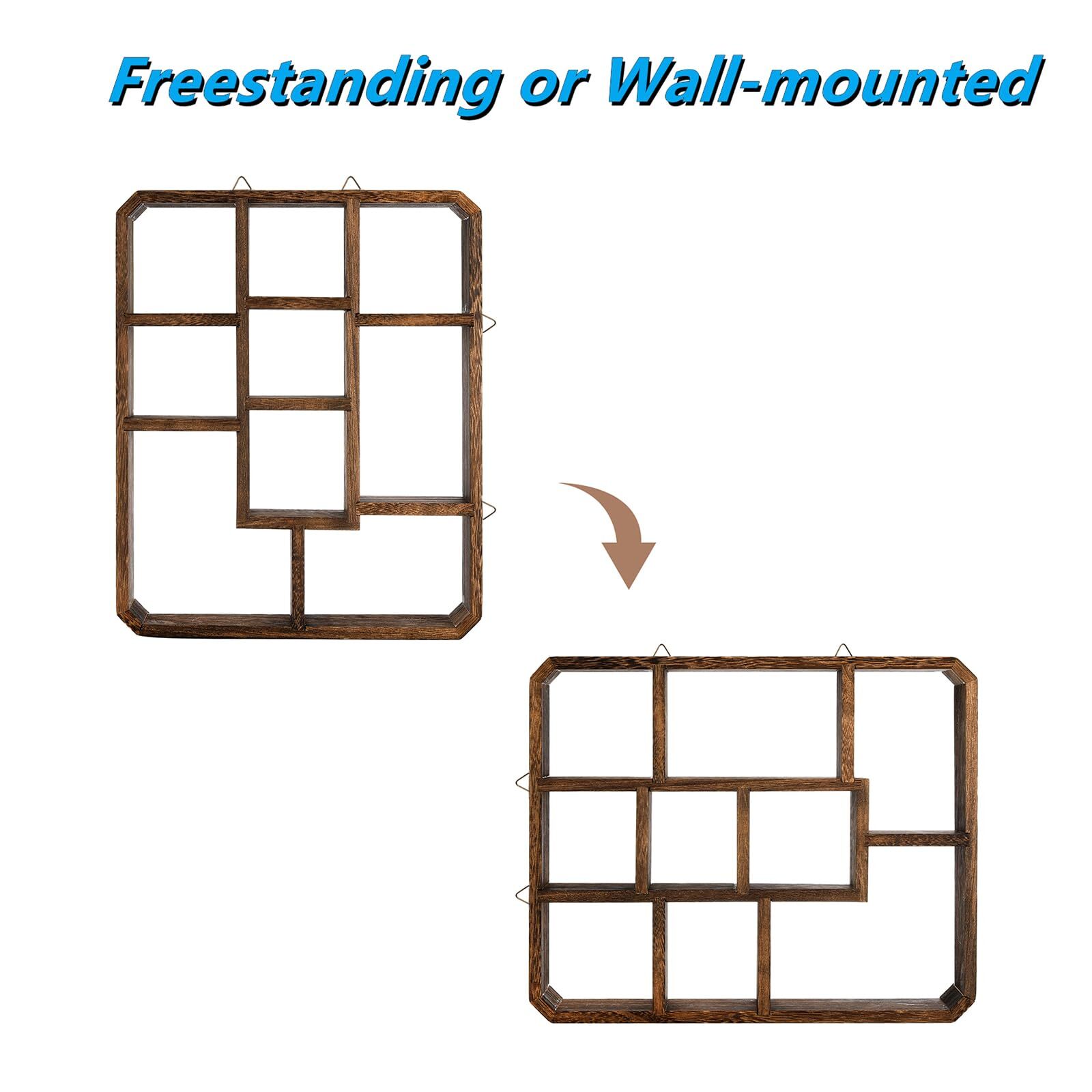 Rustic Shadow Box Display Shelf 9 Compartments Wood Hanging Floating Multi-Slot