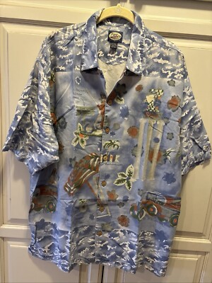 Tommy Bahama Mens Hawaiian Shirt Sz Large Blue Graphic Paradise Nation Short Sle
