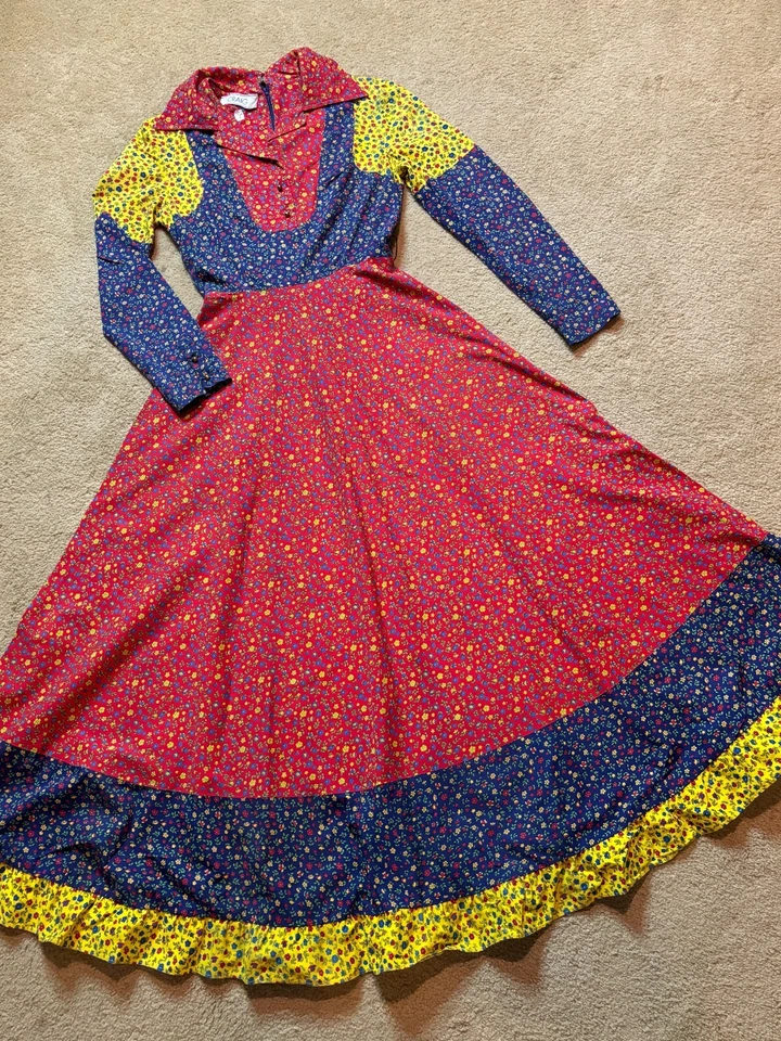 Maxi Vestido Vintage Años 70 Craig Patchwork Ditzy Floral Flor Boho Hippy Campesino XS Foto 3 de 4