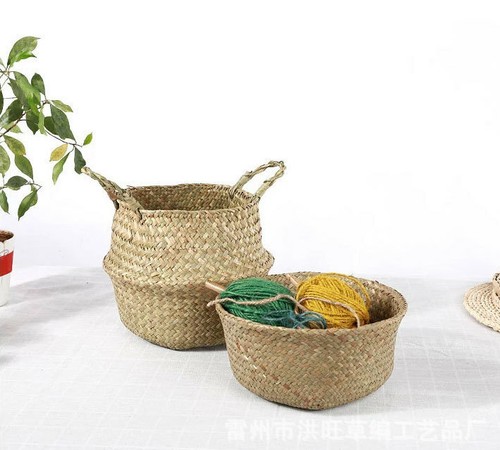 NATURAL SEAGRASS FLOWER BASKET FOLABLE BELLY STORAGE HOLDER PLANT POT BAG 002 - Picture 10 of 43