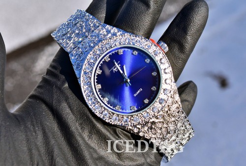 MENS HIP HOP ICY ICED TRENDY BLUE DIAL NUGGET CUBIC DIAMOND LUXURY STYLISH WATCH - Picture 2 of 7