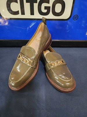 Womens Sam Edelman Christy Olive Green Patent Leather slip on w gold buckets...